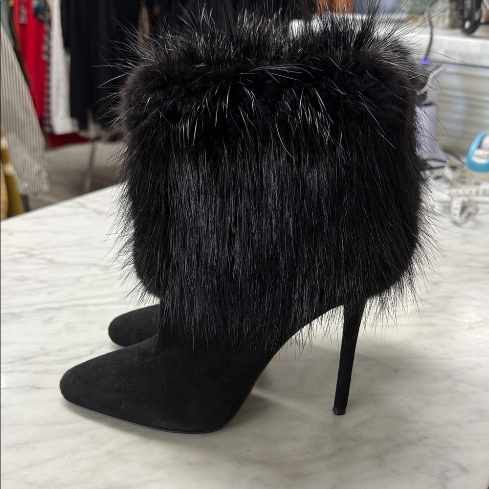 Prada Fur Trim Stiletto Heel Pointed Toe Bootie Size 38